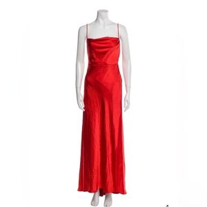 Fame & Partners Square Neckline Long Dress in red satin. Size 2 xs